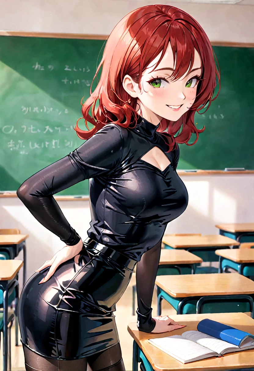 (melhor qualidade:1.3), (qualidade 4K), Nobara Kugisaki por jujutsu no kaisen, ((Rosto detalhado)),((sorrir)), ((body curvy)), (peitos grandes), clivagem, sexy, ((sala de aula)), (((Pov: ass)))