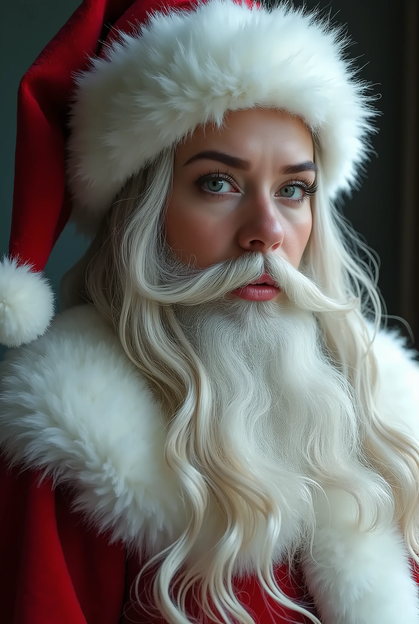 Realistic precision portrait, Young white-bearded woman in santa outfit, long white shaggy real natural beard and mustache, with long black and white mix hair and wearing beauty make-up, no wrinkles, beautiful eyes, soft skin, massive fur outfit