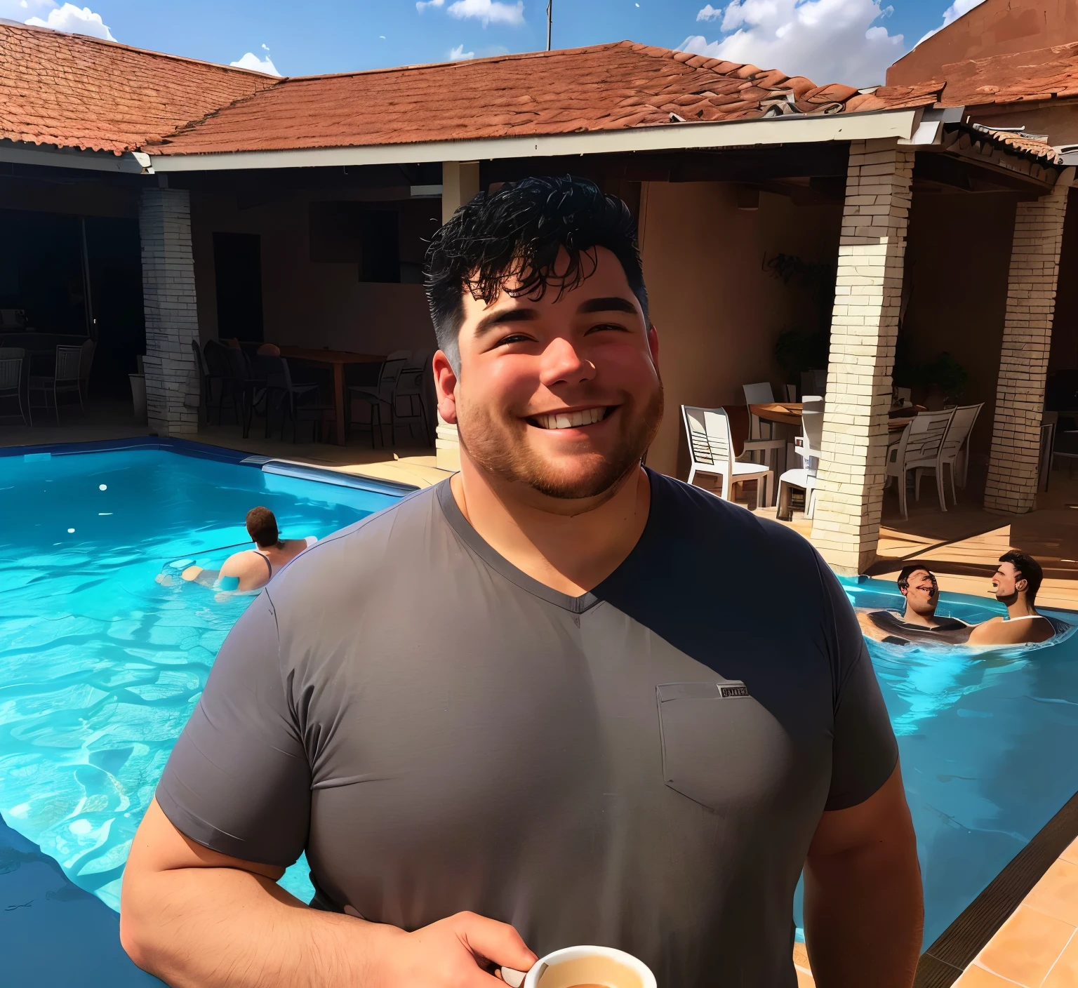 He gestures by making obscene gestures with his hands, (Cabelo loiro ou grisalho), rosto com pouca barba e pouco bico de, Rostos de diferentes nacionalidades, Young man aged 57, chubby, extremely thick thighs, large belly, wearing only white swim trunks, vermelho,vcinza ou preto ou branco ou vermelho. He doesn&#39;t wear clothes. . He's gesturing with his hands. He is sitting on the luxurious chair. He holds a cell phone in his hand. (((He wears a gold watch on his wrist. He wears several Nordic bracelets on his wrist.. He wears a Nordic chain around his neck or he wears a gold chain around his neck. wearing sunglasses. wearing hat, wearing cap. hand on groin, (hand over groin), (hands close to the groin area). scratching the groin )))
