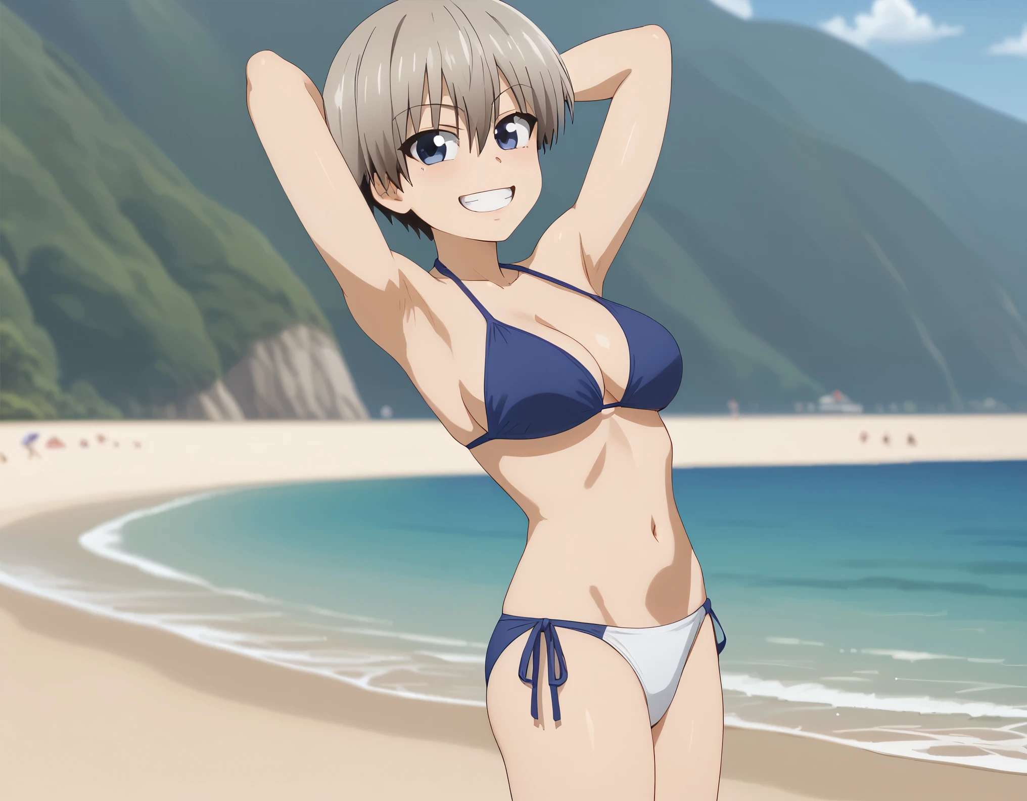 Uzaki Hana, 1girl, solo, viewed from the side, bikini, cleavage, standing, seductive pose, hands behind head, looking at viewer, grin, beach background, dutch angle, full body