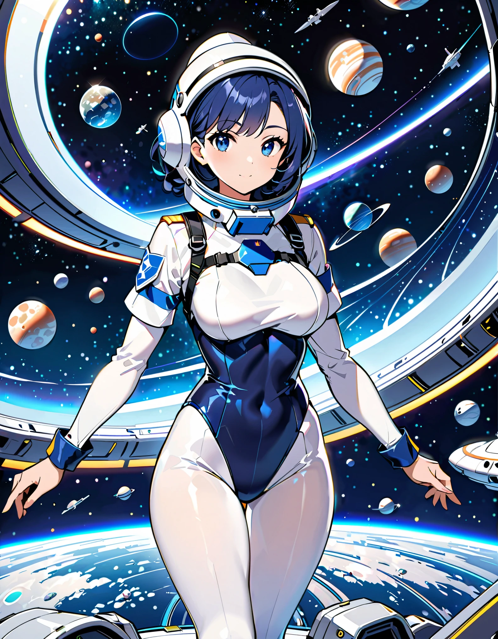 (masterpiece、highest quality、highest resolution、clear_image、Detailed details): (full body figure、15 year old girl、Japanese face、small face、thin、navy blue super short bob cut hair、blue colored eyes、((Navy long sleeve space suit、Space Helmet))、headset、Space handbag、cute type、gentle smile、soft expression、headset、(((knee high boots)))、gloves up to the elbow、eye level shot、face directly、woman on a spaceship), (((camel toe))), ((Pure white leotard))