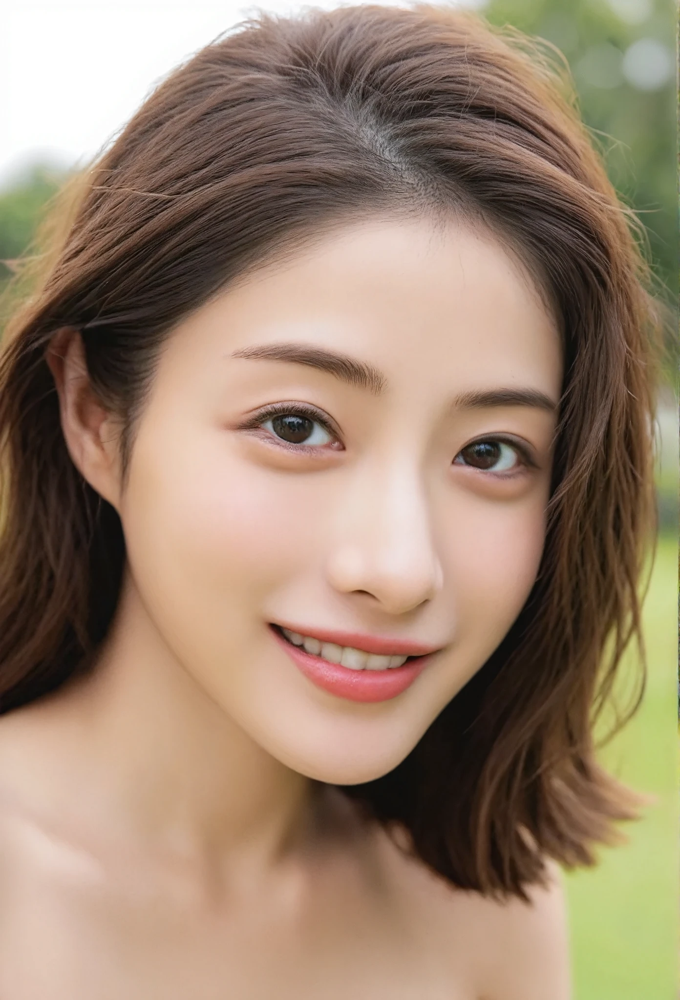 (Natural Light:1.4), (Emphasizes the three-dimensionality of the face:1.5), The light comes from the right、Casts a soft shadow on the cheeks (Shadow effect:1.3), The skin texture is smooth、The details of the nose and cheeks are depicted realistically. (Skin Detail:1.4), eyes are shining、瞳にNatural Lightが反射 (Eye Reflexes:1.4), Hair flows naturally in the light、The background is a soft, blurred green (Background blur:1.3), 8k resolution、Ultra high definition、Sharp focus