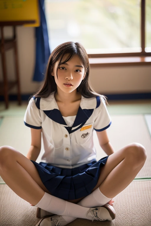 lens: 135mm f1.8,(Best Quality),(Tabletop:1.1), (Beautiful Japanese junior high school girls),  (Moisturized lips), Narrow eyes, double eyelid,Delicate clavicle,flat chest short cut,
 (Let me me me&#39;Let me me&#39;Let me&#39;Let&#39;s take another look), (close:1.4),  shame, A faint smile,
(Spotted sunlight:1.2), Dramatic lighting, 
(School Uniform), (Sunburned skin:0.2),Full body photo、Full body focus、Crab crotch、Spread your legs wide、Face of ecstasy、Squint your eyes、Slightly parted lips、((Tops))、Stylish bedroom、Small breasts、Raise your arms above your head、Hyperrealistic、Sitting on the floor、Both hands behind your back