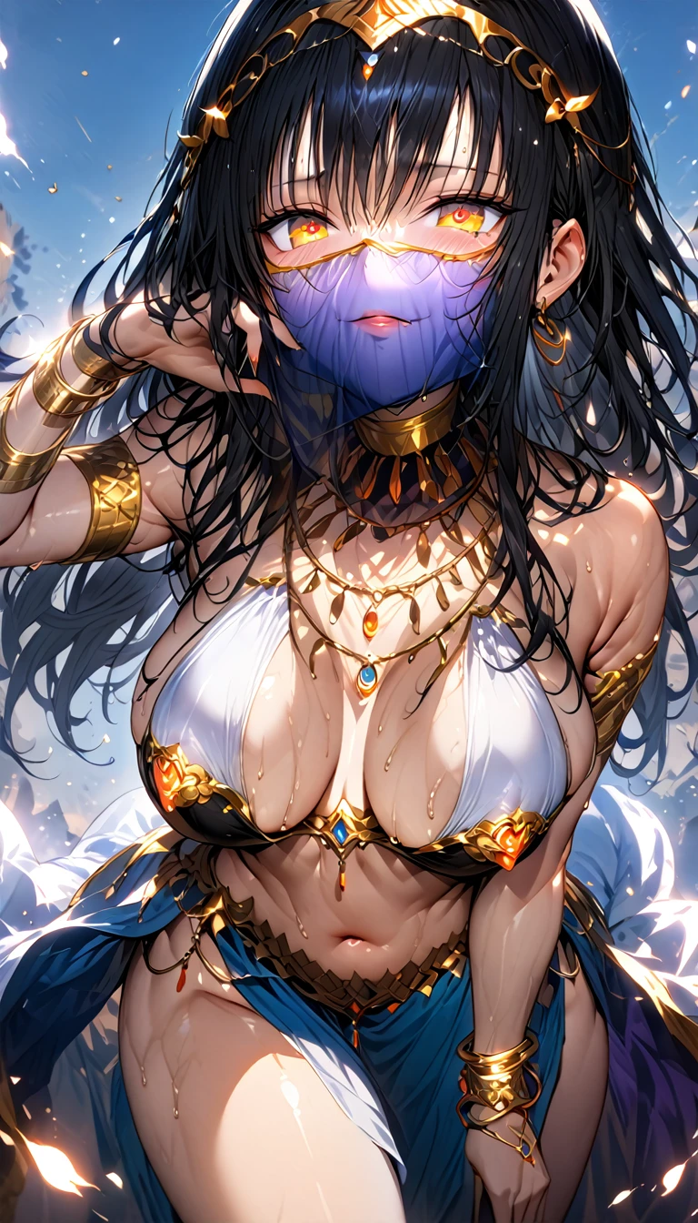 Young and beautiful woman,Black Hair,(Best Quality,Extremely detailed depiction,Very absurd high resolution,Anatomically accurate depiction,Shiny skin,Porcelain-like skin,Curvy Legs),Sexy belly dancer,An elaborate belly dance costume,((A face veil that covers the lower half of the face:1.5)),(Gold Accessories,Nipple Covers,bracelet,necklace,Captivating smile,Glowing orange eyes,half-closed eyes:1.5,Large Breasts,Glossy lips,sweat,Seductive gestures,),background:Daytime desert:1.5,blue sky