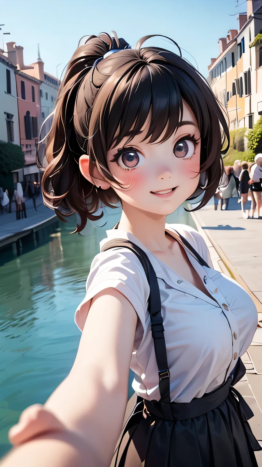 best quality, ultra-detailed, (1girl, solo, <lyco:hair_bow_front_of_head-v1:1>, hrbwonfoh, hair bow, sleeveless ,, short hair, grin, ), on a wooden bridge