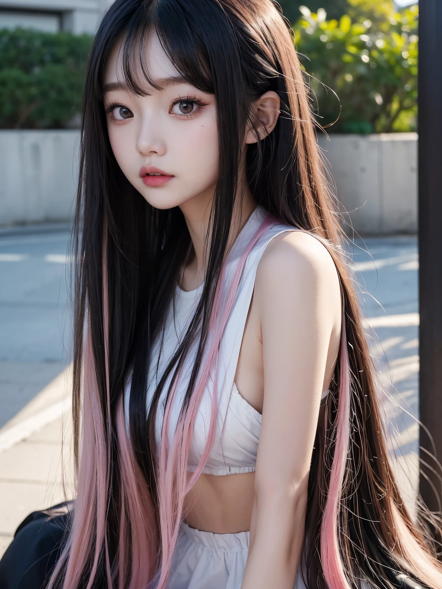 Close-up of a woman with long blonde hair and chalk, Ulzzang, Cruel Korean Goth Girl, She has a fringe of black hair, Korean Girl, Beautiful Korean Women, Cute Korean Face, Young and adorable Korean face, Korean facial features, Beautiful young Korean woman, Jis、Black Pink, Beautiful young Korean woman, Kurohime&#39;s hairstyle, Jinyoung Canela