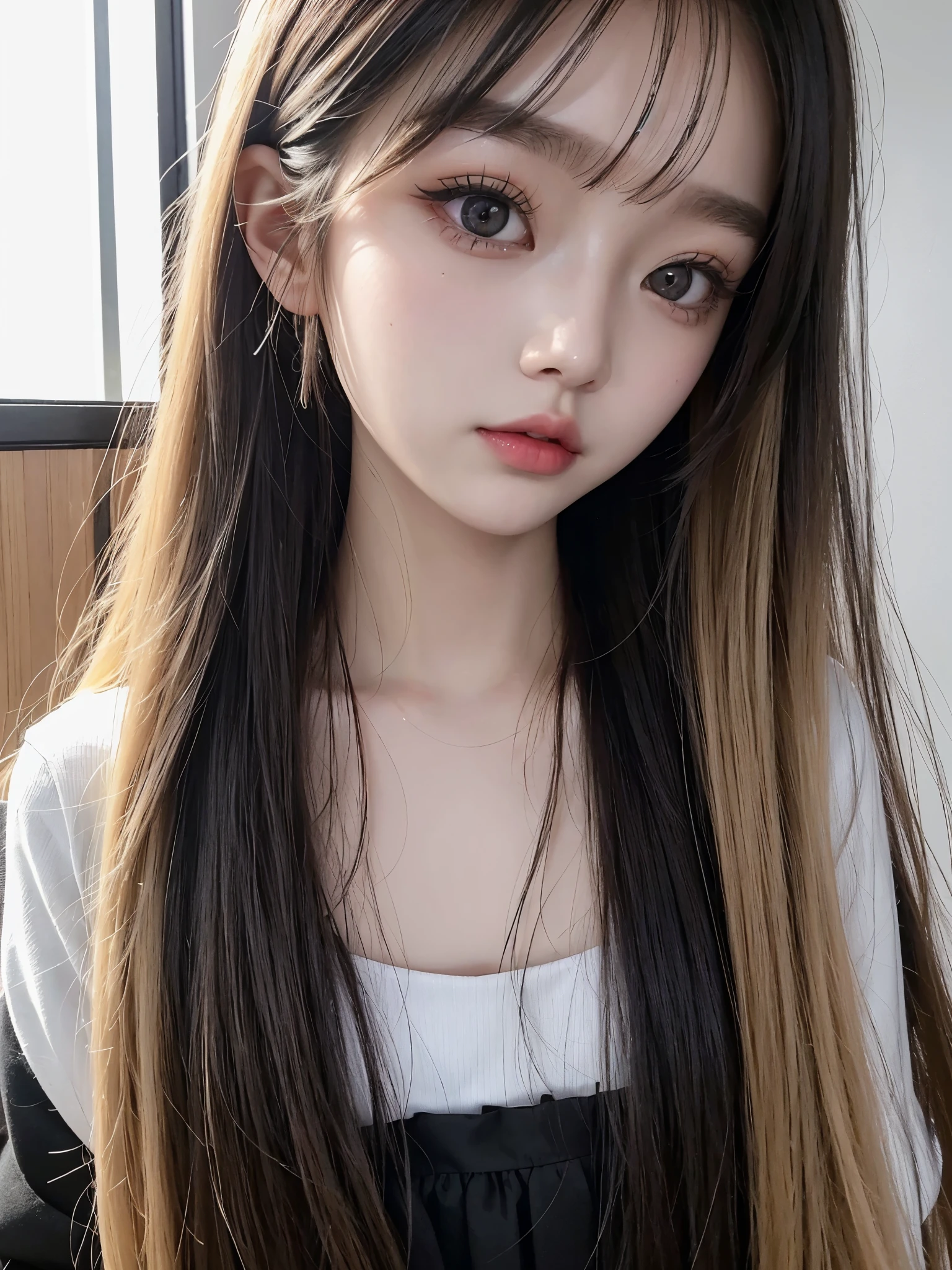 Close-up of a woman with long blonde hair and chalk, Ulzzang, Cruel Korean Goth Girl, She has a fringe of black hair, Korean Girl, Beautiful Korean Women, Cute Korean Face, Young and adorable Korean face, Korean facial features, Beautiful young Korean woman, Jis、Black Pink, Beautiful young Korean woman, Kurohime&#39;s hairstyle, Jinyoung Canela