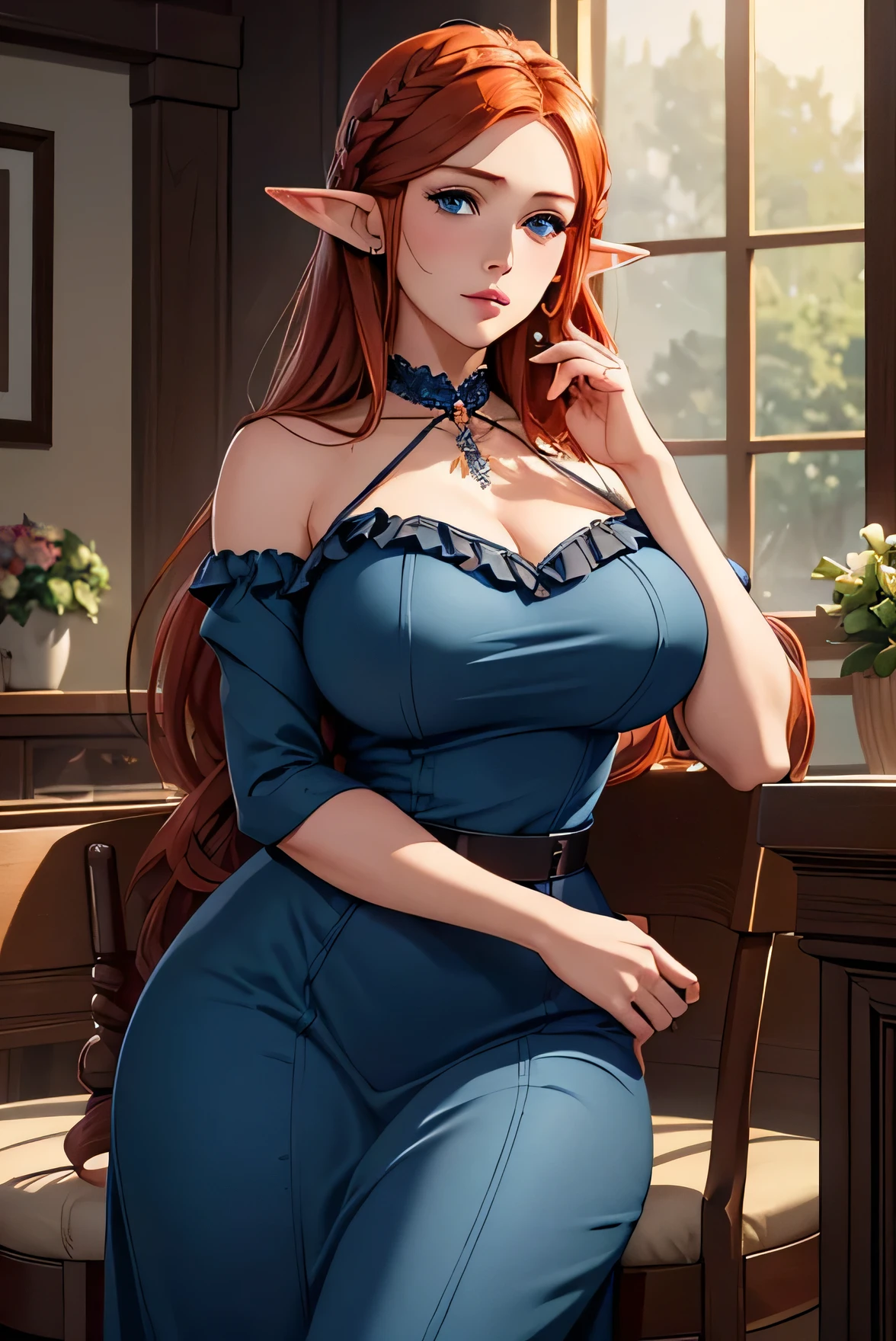 Beautiful Farmer with Braids. ((redhead woman,mature adult woman, mature milf face, long hair, pointy ears, elf ear)), Perfectly round face. beautiful cute face, big lips, beautiful and voluptuous, enchanting beauty, ((gentle expression on his face)), ((Beautiful big, Detailed blue eyes)), thin waist, long legs ((Dark blue dress with ruffles, mature adult woman, adult milf face, modest dress, very high neckline)) (high detailed)),official art, Award-winning digital painting, digital illustration, extreme details, 4K, Ultra HD, Rococo, polished, intricate, realistic fantasy art, sharp focus, conceptual artwork, arte por wlop, germ of art, (2D vector illustration) light, airy, hourglass figure. ellie bamber
