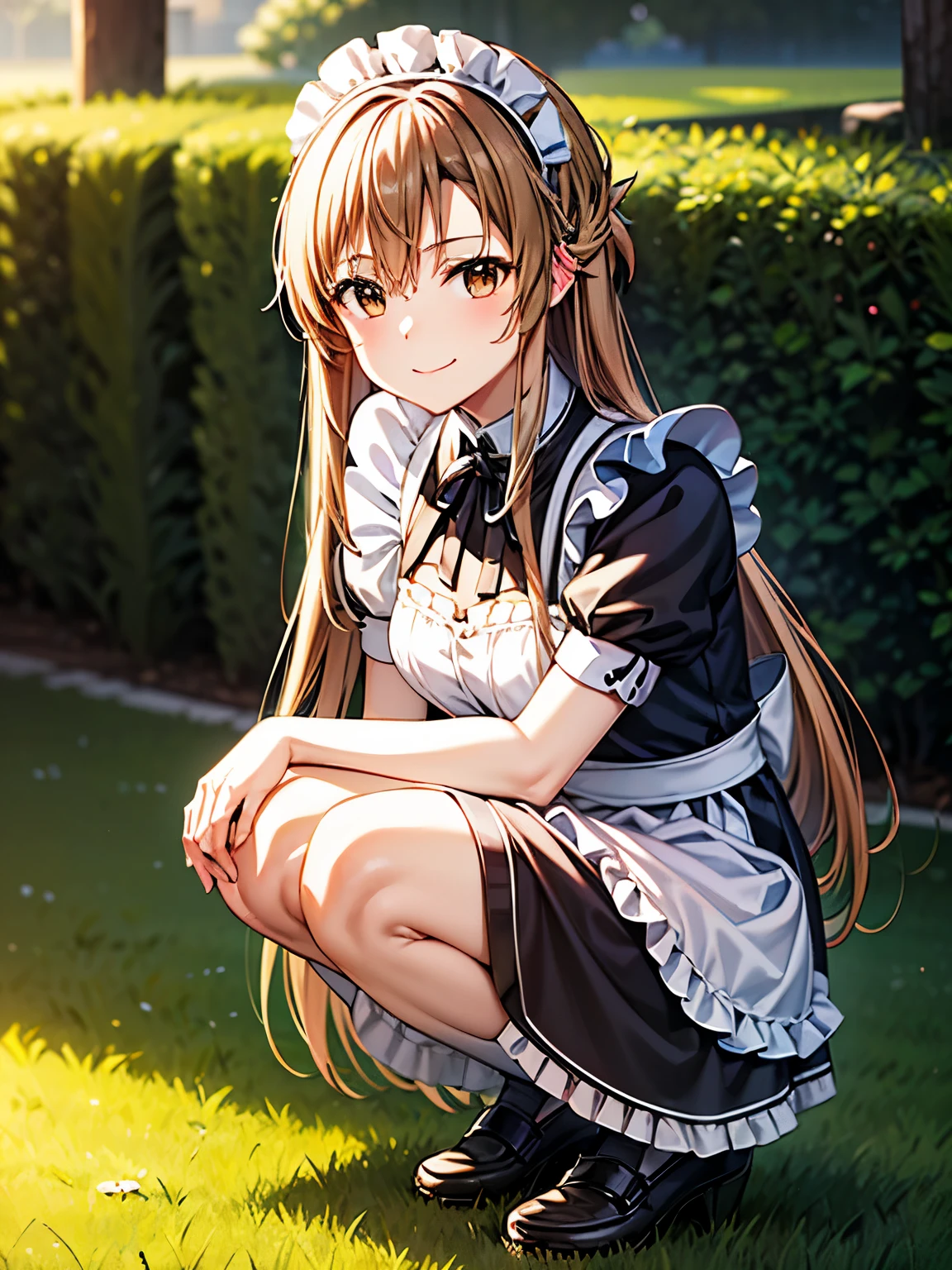 Best Quality、High resolution, Best Quality、From the side、(Anime illustration style:1.1)、Asuna Yuki,garden、blush、Closed Mouth、smile、One Girl, Alone, Absolute reference to the center、Standing on the grass、Alone、Asuna、(Victorian maid outfit:1.5)、 Shift the center of gravity backwards, Quite embarrassing, (Squat:1.4), Place your heels on the ground, Squat，Raise your knees, Get down to the ground