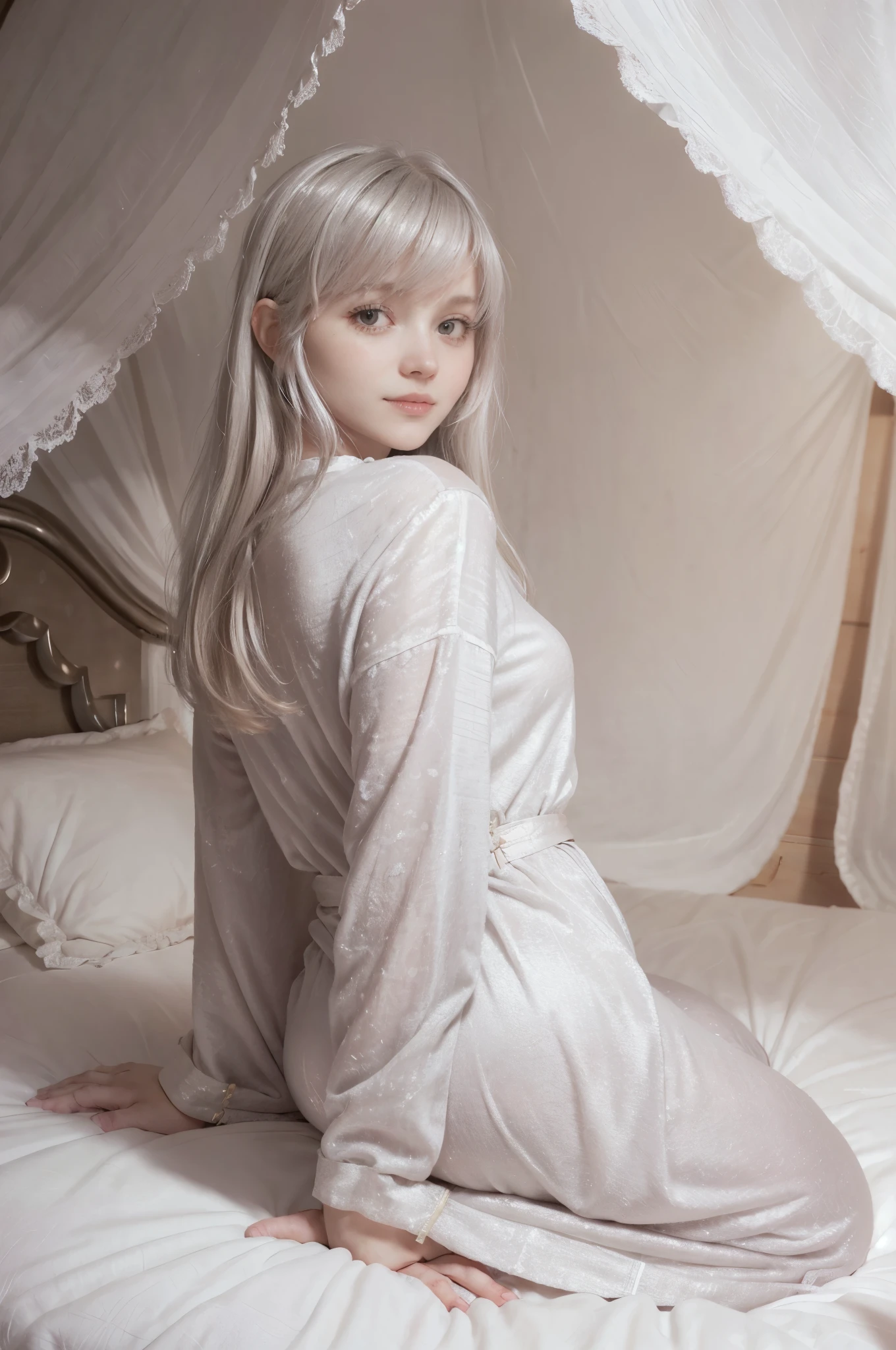 Best quality, masterpiece, ultra high res, (photorealistic:1.4), raw photo, 1girl, off shoulder, araffe woman in white lingerie sitting on a bed, a pastel by Leng Mei, tumblr, dau-al-set, white silky outfit, pale milky white porcelain skin, smooth white tight clothes suit, in white clothes, pale snow white skin, milky white skin, ethereal beauty, captivating and enticing, very ethereal, white hanfu