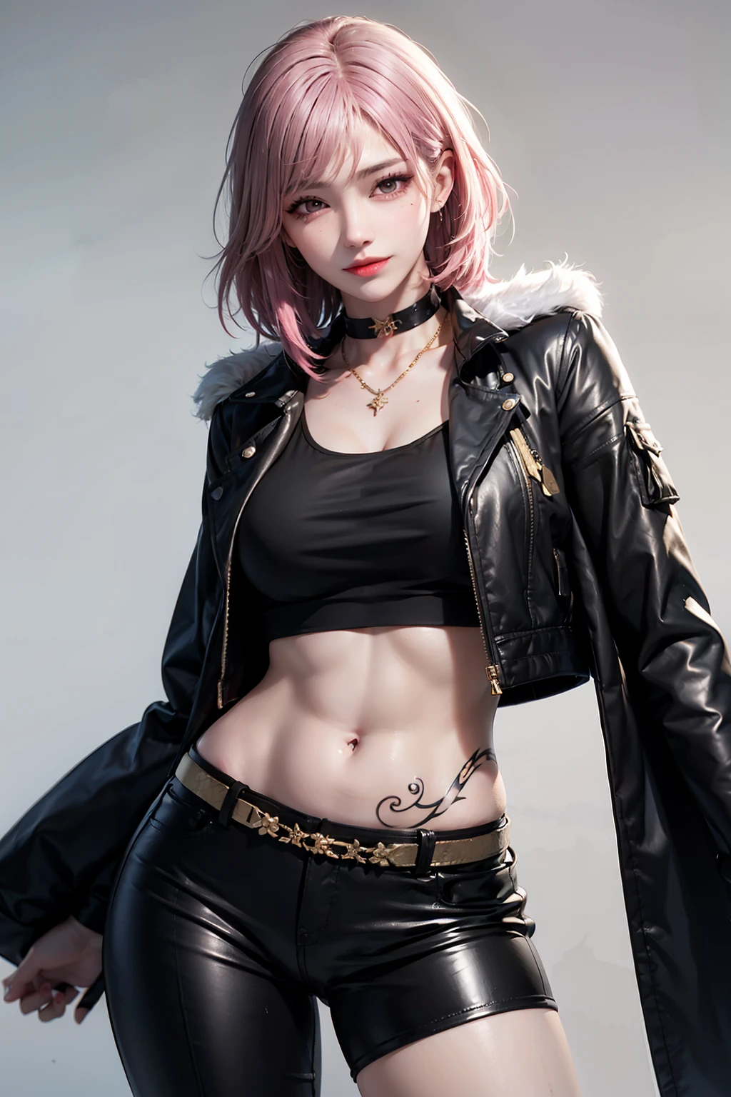 8k, Top Quality, (Beauty), High Definition, Realistic, Real Person, Jackpot at Slot Machine, Guts Pose, Smiling, Screaming, One Young Pretty Girl, Shiny Enamel Shorts, T-shirt So Short That Makes You Hungry, Short Leather Jacket, (Wearing a lot of fancy accessories)), High Heels