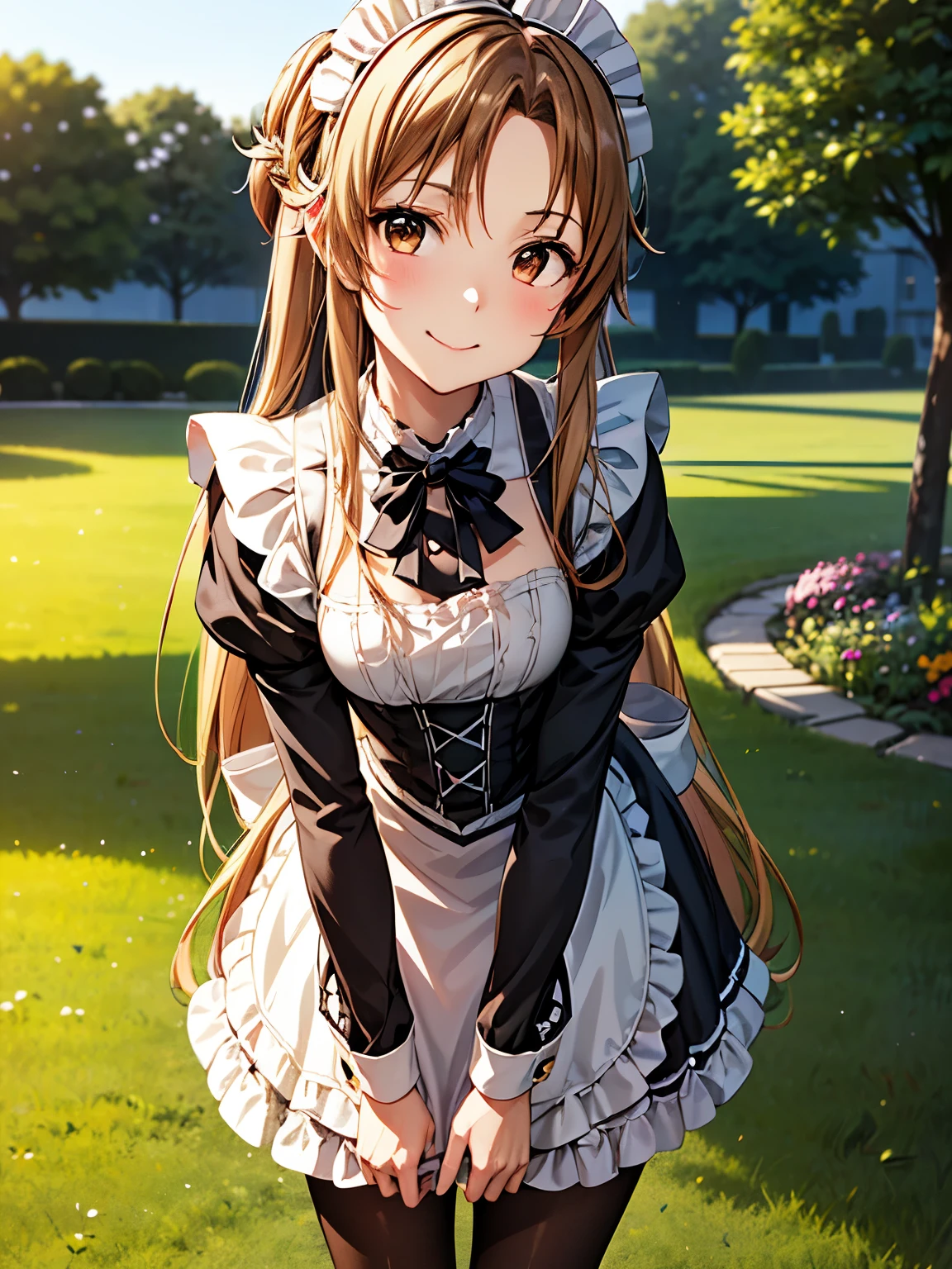 Best Quality、High resolution, Best Quality、From the side、(Anime illustration style:1.1)、Asuna Yuki,garden、blush、Closed Mouth、smile、One Girl, Alone, Absolute reference to the center、Standing on the grass、Alone、Asuna、(Victorian maid outfit:1.5)、 Shift the center of gravity backwards,Leaning forward