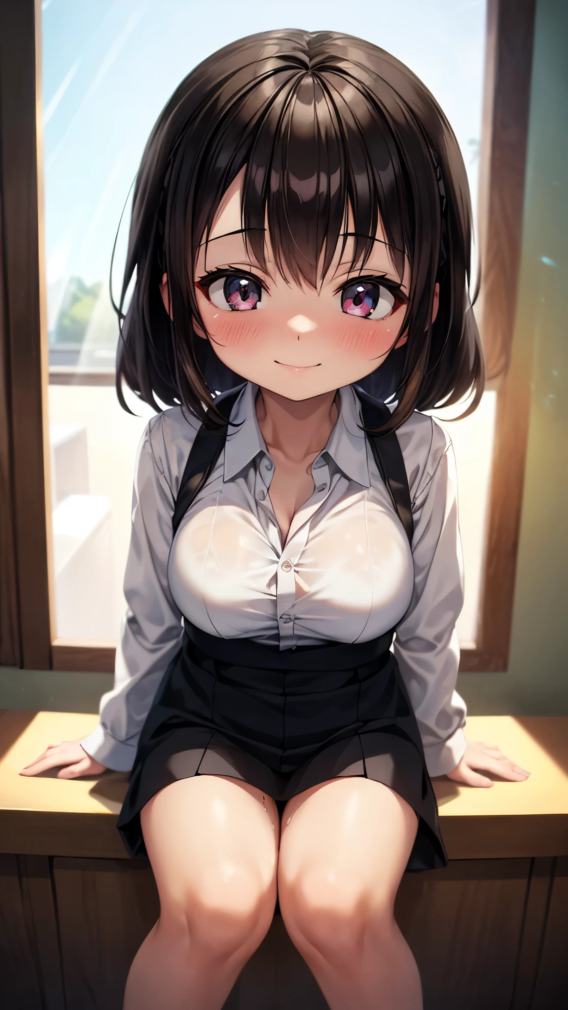 masterpiece, highest quality, Super detailed illustrations, official art, smile, blush, (chest), (Beige School Cardigan, bow tie, cleavage, check pleated skirt, lift skirt, panties:1.3), camel toe, barefoot, Bedroom, oily skin, shiny skin,