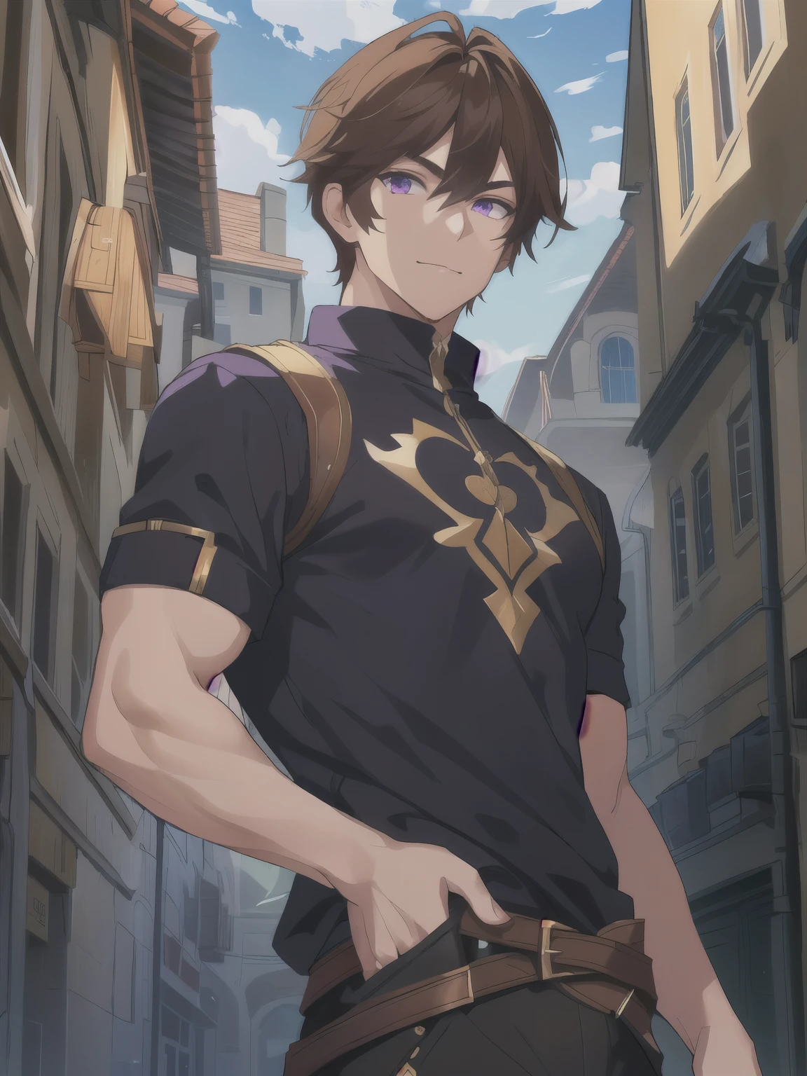 Masterpiece, Best Quality, Ultra-Detailed, half-body shot, 1man, solo, male, athletic, muscular, large shoulders, large chest, thick arms, defined body, brown hair, short hair, purple eyes, detailed eyes, very beautiful eyes, a man with a t-shirt, short sleeves shirt, dark colors clothes, black and gray clothes, genshin impact character, (( character concept art )), elsword character, purple details on clothes, best anime character design, official character art, casimir art, detailed half-body concept art, picture of a male, medieval kingdom background