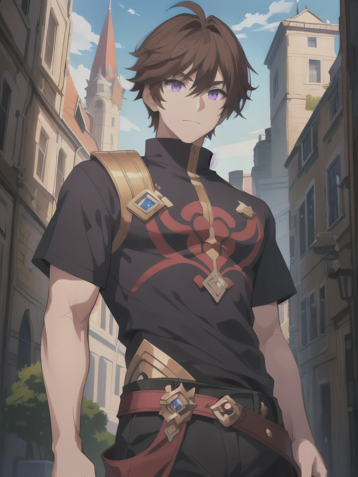 Masterpiece, Best Quality, Ultra-Detailed, half-body shot, 1man, solo, male, athletic, muscular, large shoulders, large chest, thick arms, defined body, brown hair, short hair, purple eyes, detailed eyes, very beautiful eyes, a man with a t-shirt, short sleeves shirt, dark colors clothes, black and gray clothes, genshin impact character, (( character concept art )), elsword character, purple details on clothes, best anime character design, official character art, casimir art, detailed half-body concept art, picture of a male, medieval kingdom background