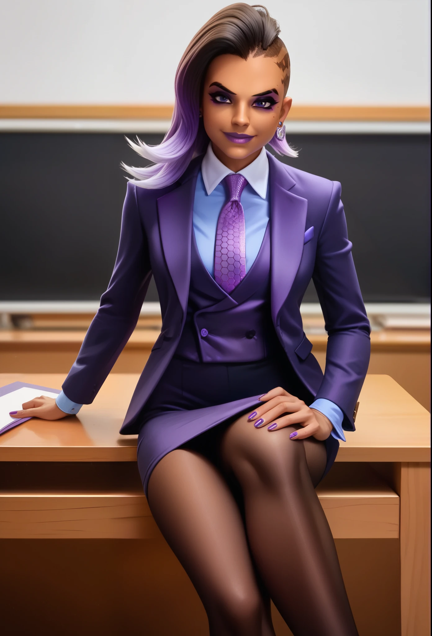 score_9, score_8_up, score_7_up, score_6_up, score_5_up, score_4_up, 3d,
owsombra, smirk, three-piece suit, ((waistcoat)), purple skirt suit, dress shirt, purple necktie, blazer, suit jacket, bodycon pencil skirt, (lilac shirt with white collar), white shirt collar, contrast collar, suit trim, makeup, lipstick, high heels, black pantyhose, sitting on desk, hand on knee, elegant, cheeky, crossed legs, holding jacket lapel, hexagon pattern