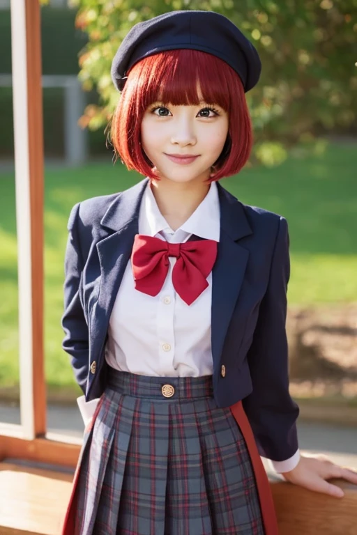 high school girl, red hair, bob cut, red eyes, 150 cm height, navy blue beret, navy blue jacket, red bow tie, light gray flared skirt, looking at viewer, classroom