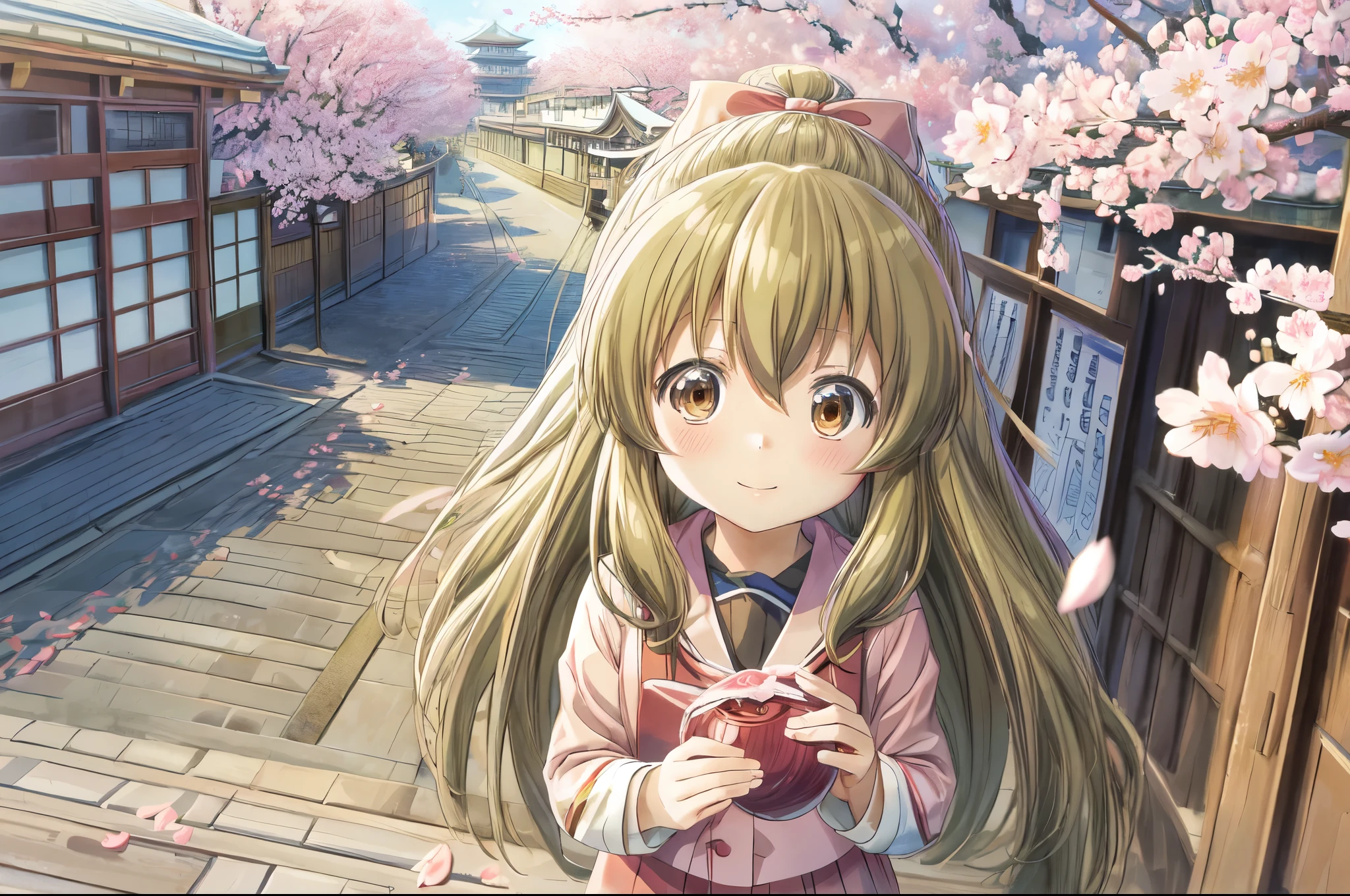 Best Quality, wallpaper、masterpiece, High resolution, detailed, Digital Illustration, YukihiraItsuka, ８Year-old girl,  School uniform,  Long Hair, Cherry blossom petals,Streets of Kyoto,　Make the person bigger