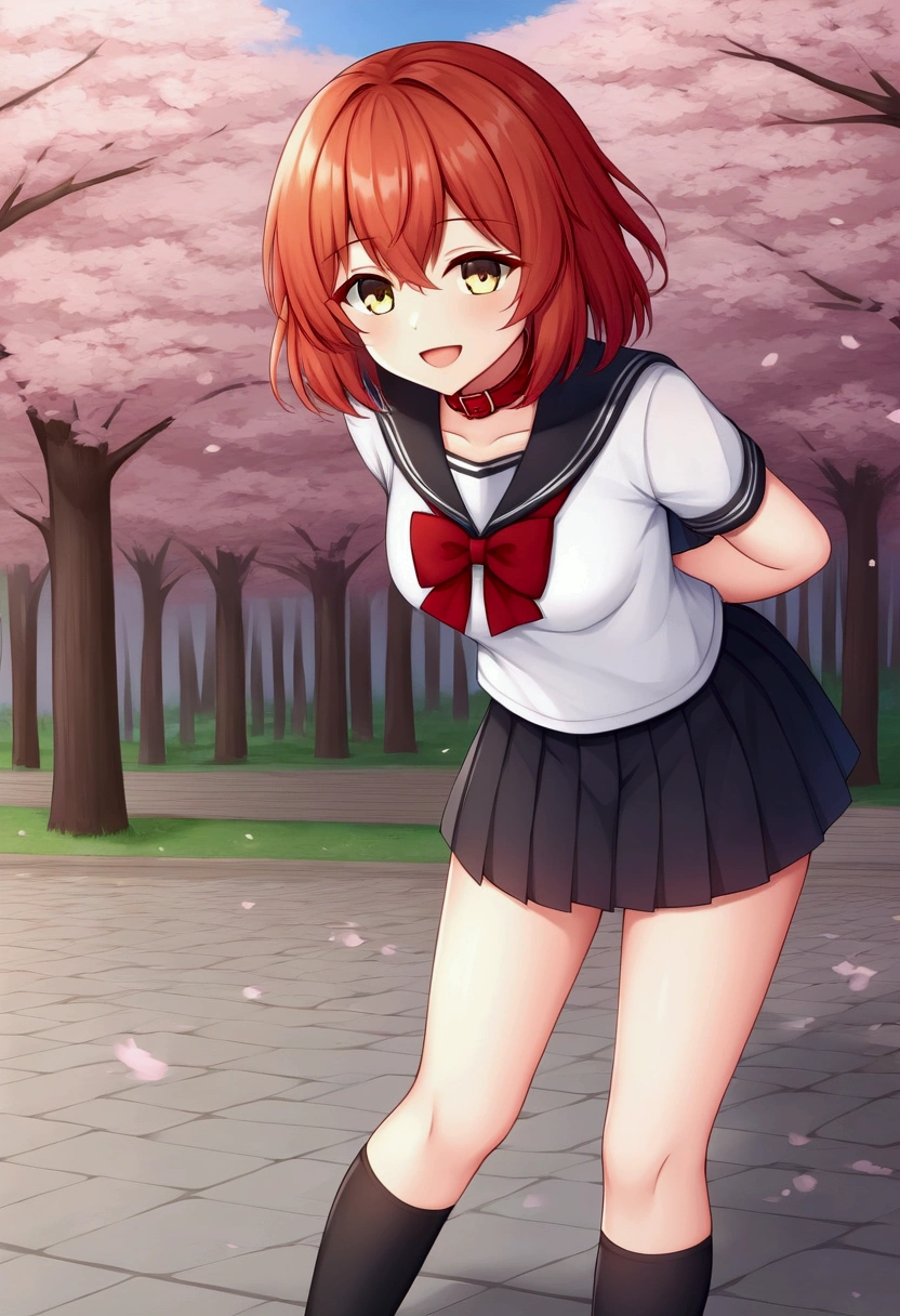 masterpiece, better quality, high resolution, Redhead Girl, short red hair, yellow eyes , red collar, seraph, sailor collar, multicolored bow, sailor shirt, white shirt, short sleeves, pleated skirt, Black skirt, black socks, , Arms Behind Back, leaning forward, Standing, cherry blossoms, outdoor, smile, open mouth