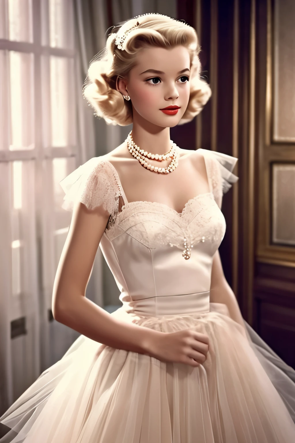 1girl, 1945 elegant french style, blonde, pearl necklace, dreamy lace and tulle