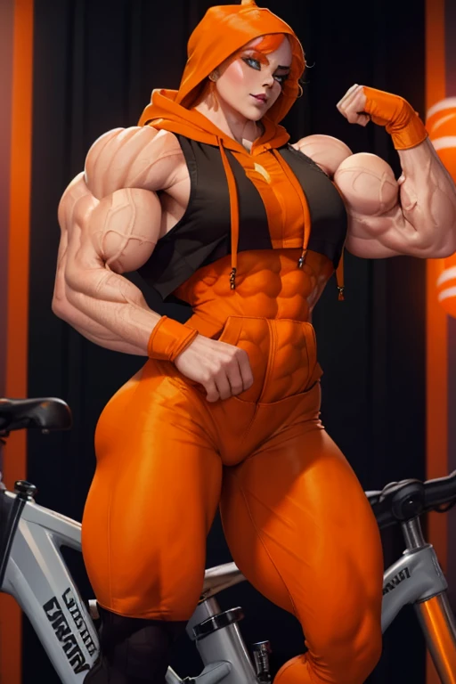 (((Close-up))), tall, (orange hair) beautiful muscular woman, long shaggy hair, pale white skinned, large breast, closed smile, (black lipstick), (massive muscles), (hyper muscle), ((ginormous bulky muscles)), green eyes, ((((orange long sleeve hoodie)))), (((jogging pants))), choker, sneakers, (in a night town),