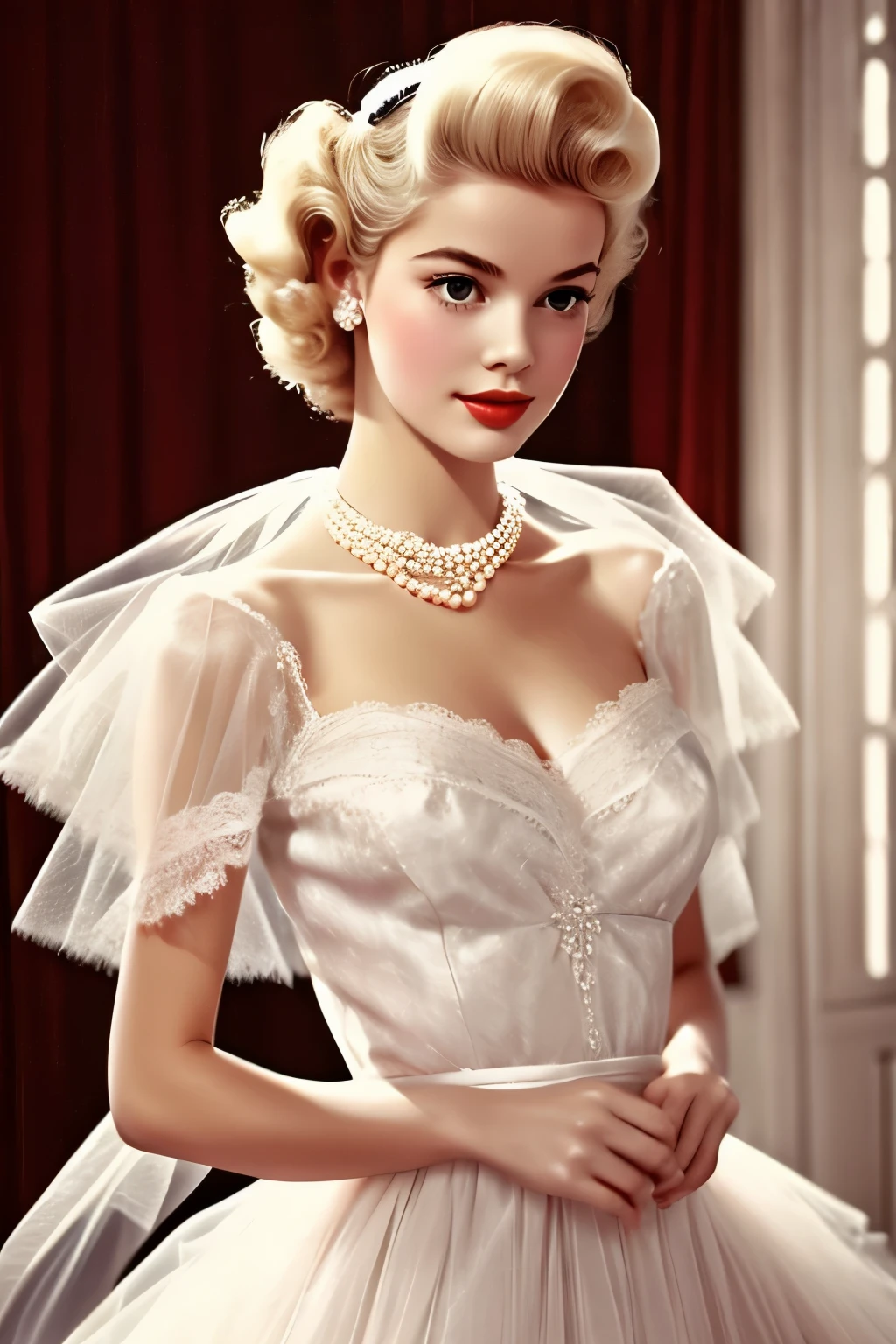 1girl, 1955 elegant french style, blonde, pearl necklace, dreamy lace and tulle