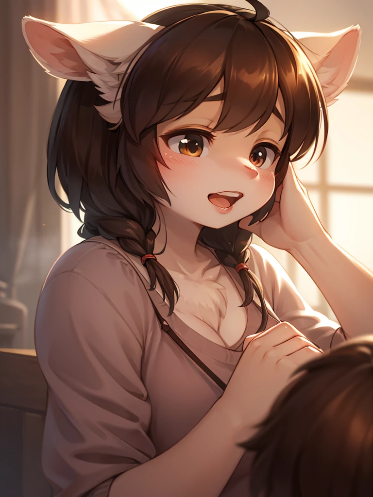 (((masterpiece,best quality,absurdres,8K))) , ((koronedefault, low twin braids, bone hair ornament)),((front, looking at viewer,embarrassed,blush:1.3,steam:1.1,wet:0.8,sweat:0.8,)),((upper body:1.5,face only:1.5, topless:1.5,bare sholde:1.0))