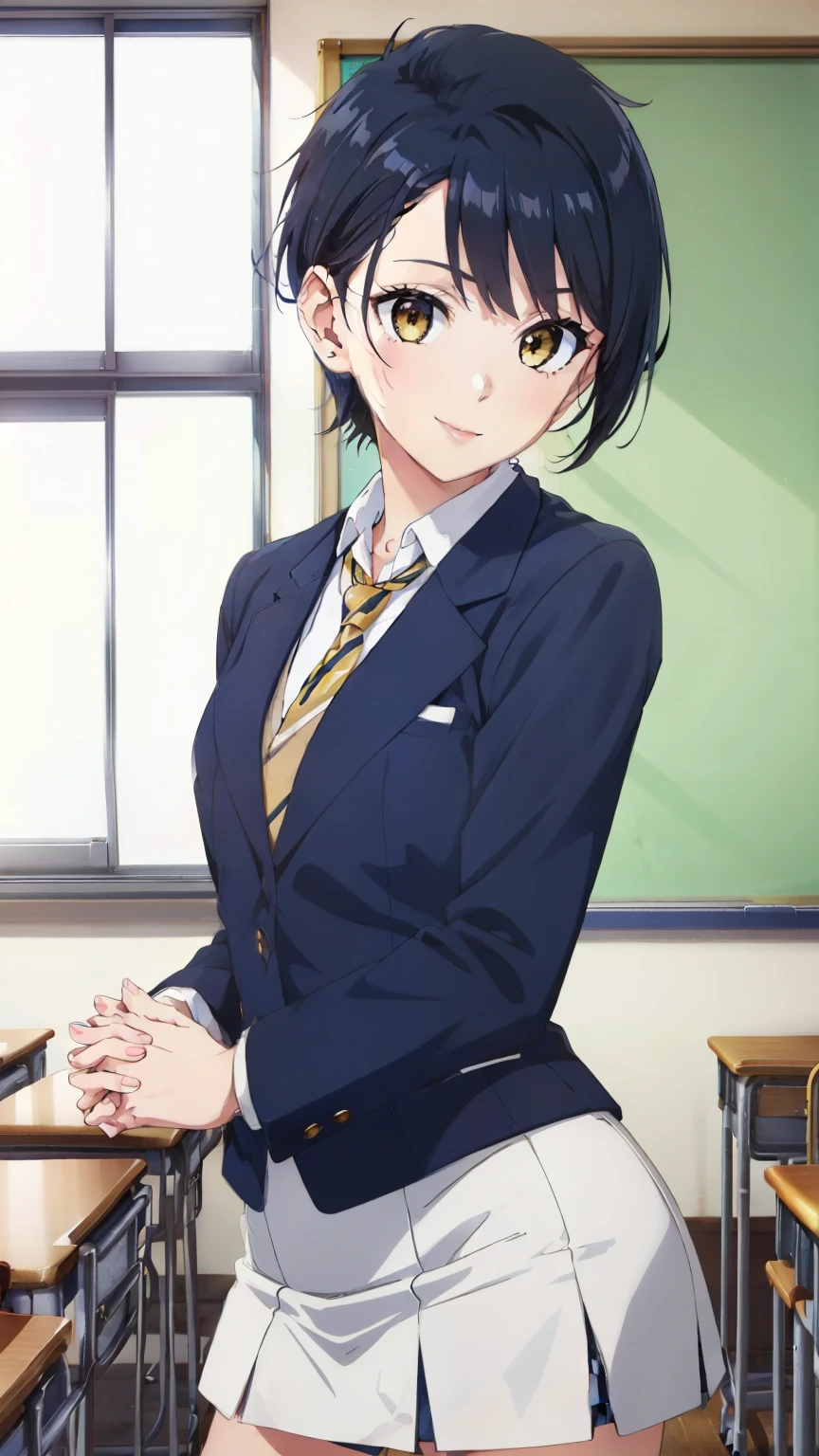 (masterpiece,best quality,high resolution,8k:1.2), Anime Coloring, ultra HD, wallpaper, beautiful detailed eyes, perfect face, beautiful detailed eyes, extremely detailed face, perfect lighting, extremely detailed CG, perfect hands,perfect anatomy, perfect body, perfect hands, perfect fingers,1girl, black hair, (buzzcut hairstyle:1.2),  yellow eyes, (small medium breasts), medium buttocks, smiling, (school uniform, navy blue blazer, tie, white shirt, checkered miniskirt, classroom), (cowboy shot:1.2),