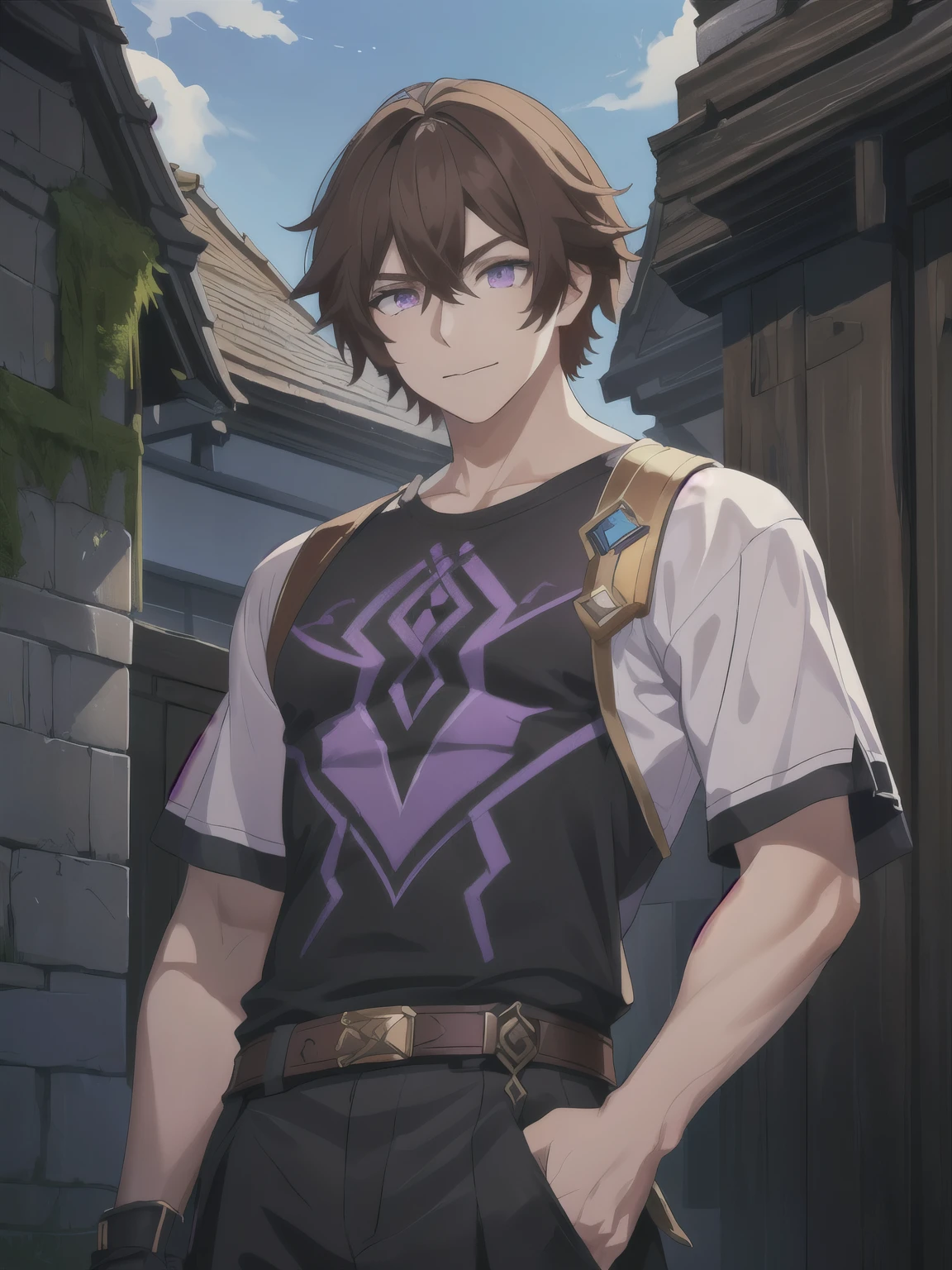 Masterpiece, Best Quality, Ultra-Detailed, half-body shot, 1man, solo, male, athletic, muscular, large shoulders, large chest, thick arms, defined body, brown hair, short hair, purple eyes, detailed eyes, very beautiful eyes, a man with a t-shirt, short sleeves shirt, dark colors clothes, black and gray clothes, genshin impact character, (( character concept art )), elsword character, purple details on clothes, best anime character design, official character art, casimir art, detailed half-body concept art, picture of a male, medieval kingdom background