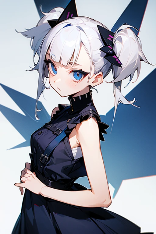 best quality, ultra high res, 1girl, sleeveless white button shirt, black skirt, black choker, cute, (Kpop idol), (aegyo sal:1), (platinum blonde hair:1), ((puffy eyes)), looking at viewer, full body, facing front