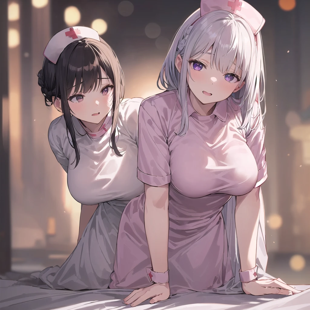 Beautiful woman, (High resolutionで美しい黒い目)、Anatomically perfect body, thin、(nurse、nurse、白いワンピースのnurse服), (Place your hand on your chest), (Look down:1.3)、looking away, 18-year-old、(Highest quality)、Black Hair, (half updo:1.2)、(8k, High resolution)、(shy:1.4)、medium breast, (steam:1.1), (embarrassed:1.3), Glossy Lips、Erect nipples、On the bed、(足がthin)、(wariza), (cum on face, bukkake:1.4)