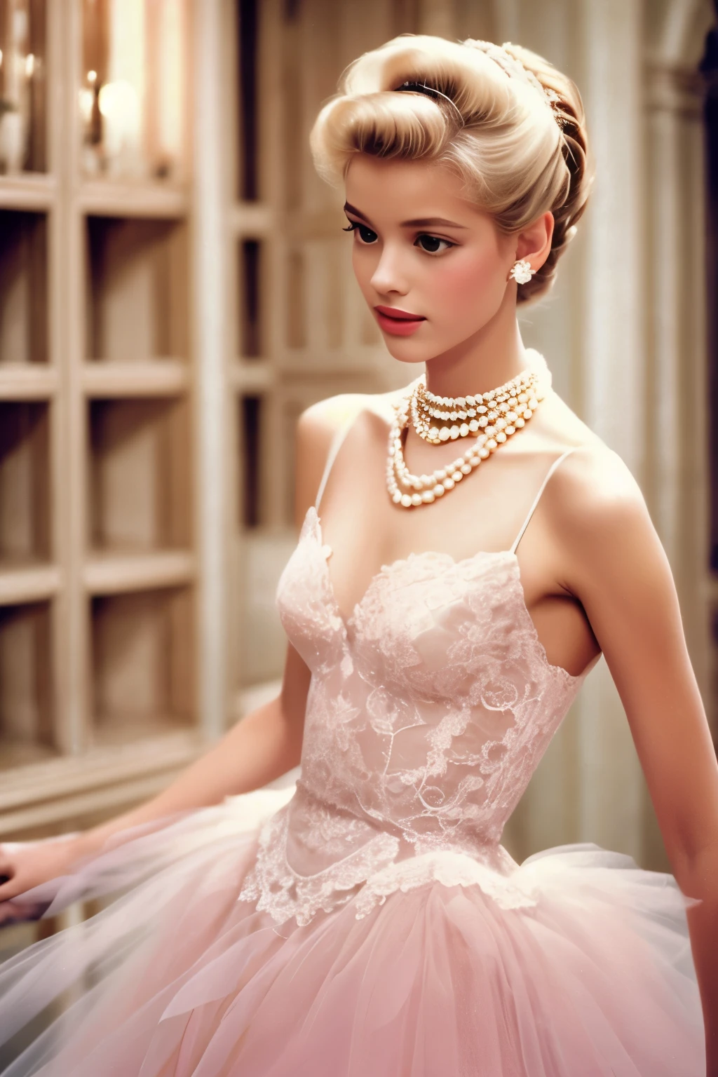 1girl, 1995 elegant french style, blonde, pearl necklace, dreamy lace and tulle