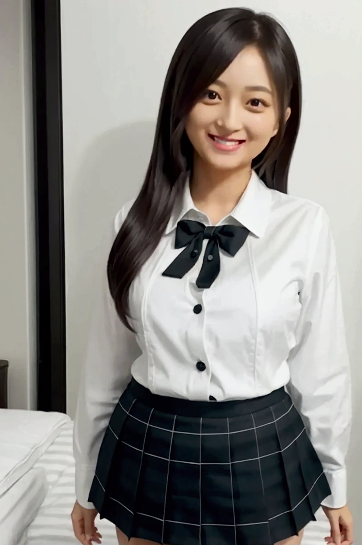 Girl, Solo, Shiny Skin, Very Detailed, Ultra Detailed, Ultra High Definition, (Photorealistic: 1.4), (Best Quality), (Best Shadow), Detailed, Perfect Lighting, BREAK Black Hair, Long Hair, (Small: 1.2), Japanese girl, solo, perfect body, perfect anatomy, smile, cowboy shot, BREAK 17 age, school uniform, (blue bowtie, blue sash:1.3), BREAK (red bolero jacket, red skirt:1.1), BREAK White blouses, long sleeves,