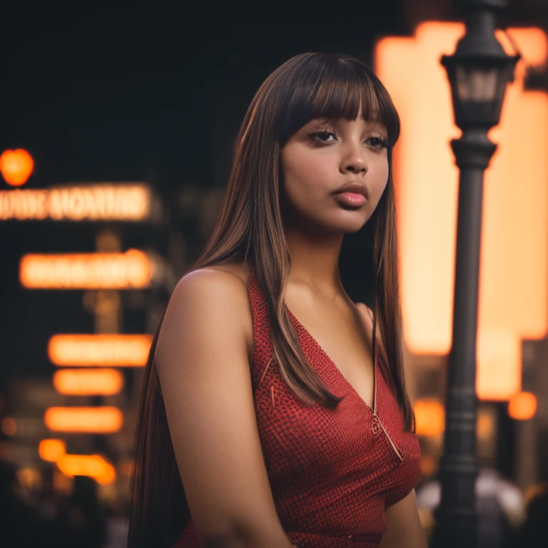 1girl, eyebrows, bangs, brown hair, brown skin, eyebrows, eyelashes, small waist, makeup, celebrity, (best quality:1.2), masterpiece, new york city, street light, night time, neon lights, red dress, long hair, background, beautiful, looking at viewer, old camera style