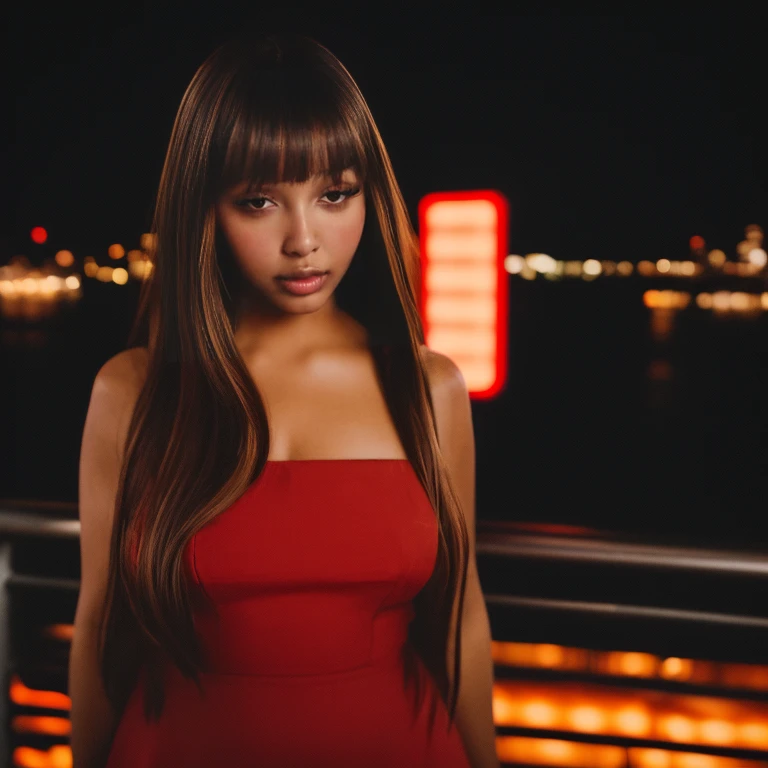 1girl, eyebrows, bangs, brown hair, brown skin, eyebrows, eyelashes, small waist, makeup, celebrity, (best quality:1.2), masterpiece, new york city, street light, night time, neon lights, red dress, long hair, background, beautiful, looking at viewer, old camera style