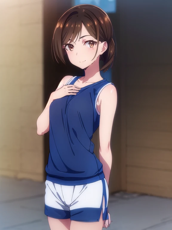 (Blue sporty T-shirt,Navy blue sporty shorts,jogging),mizuharachizuru, Chizuru Ichinose, solo woman,(Long Bob:1.5,Shaggy), bangs, Brown Hair, (Brown eyes:1.5), smile,outdoors,looking at viewer, (Cowboy Shot:1.5),(masterpiece:1.2), Best Quality, High resolution, Unity 8K Wallpaper, (Illustration:0.8), (Beautiful detailed eyes:1.6), Highly detailed face, Perfect lighting, Highly detailed CG, (Perfect hands, Perfect Anatomy),