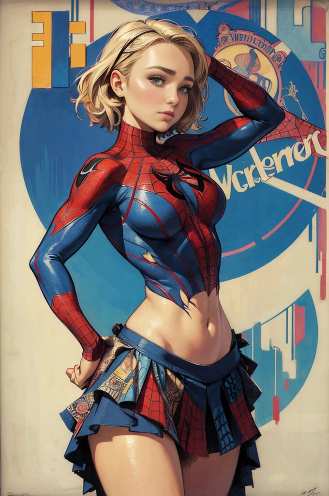 Margot Robbie、stick out the navel、new york、wearing a torn spiderman suit、Wearing a skirt、Abstract and realistic、Artistic、Alphonse Mucha paintings(masterpiece、Highest quality、High resolution:1.4)、detailed、Exquisite detail、4K、Splashes of color、Line art、Fibonacci、