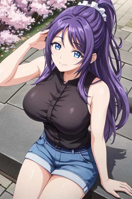 beautiful detailed eyes, beautiful detailed lips, Extremely detailed eyes and face, body from the knees up, long eyelashes, 1 girl, anime girl, adult woman, beautiful woman, purple hair, long hair, Ponytail, big breasts, blue eyes, happy, smiling, closed mouth, Slim body, sitting on the pavement, black bra, black panties, background of a park with sakura trees, (Better quality, 4k, 8K, High resolution, masterpiece) anime style, Style 2d, bright colors, professional