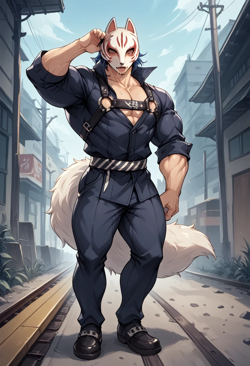 Huge muscles,Lots of drool and sweat,Harness,Huge erect penis,Full body image,Imminent sexual activity,Shake hard,Anal Sex,Ejaculating with force,p5yusuke,Fox Mask,Black clothes,White Tail,Yusuke Kitagawa,Japanese clothing,Blue Hair,A dark mine tunnel with railroad tracks