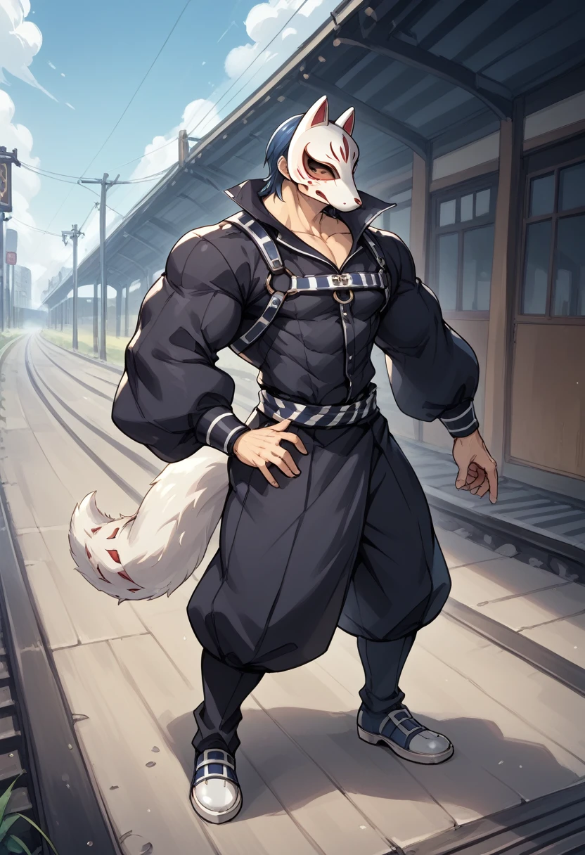 Huge muscles,Lots of drool and sweat,Harness,Huge erect penis,Full body image,Imminent sexual activity,Shake hard,Anal Sex,Ejaculating with force,p5yusuke,Fox Mask,Black clothes,White Tail,Yusuke Kitagawa,Japanese clothing,Blue Hair,A dark mine tunnel with railroad tracks