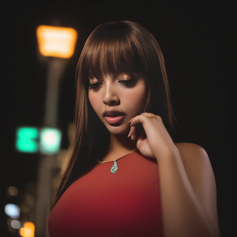 1girl, eyebrows, bangs, brown hair, brown skin, eyebrows, eyelashes, covering mouth with hands, laugh, small waist, makeup, celebrity, (best quality:1.2), masterpiece, new york city, street light, night time, neon lights, red dress, long hair, background, beautiful, looking at viewer, old camera style, bhands, bhands-neg