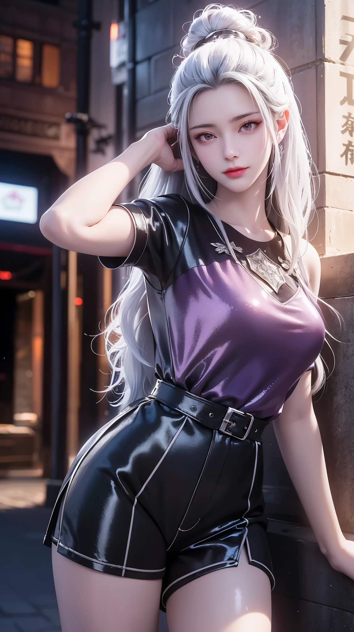 Best quality, masterpiece, ultra high resolution, (Reality:1.4), Original image, Aesthetics and atmosphere, Hidden Gun, Film Grain, Soft Focus, Bokeh, Night Shooting, masterpiece realistic volumetric light,,1 girl, Purple Eyes, White hair, curls, giggle, (freckle:0.8), thigh, Medium bust size, Upper body, (Shiny:1.3) Sequined long cns dress, Ray Traced Reflections, Desert Street, Footprints, City Lights, Sky, Leaning against the wall, From the side,8K Ultra HD，masterpiece,Best quality,Photo real，1 girl,Dynamic poses，（（ Black pajamas, Tight shorts））, , Big, bright eyes, Smooth skin, （permanent），Maximize pixel camera angle，