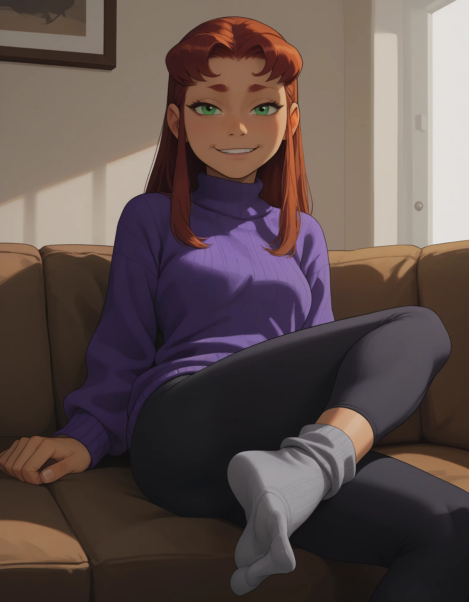 score_9, score_8_up, score_7_up, score_6_up, 1girl, starfire, purple sweater, black yoga pants, 1boy, , foot focus,, smug, sitting on a couch, dirty socks
