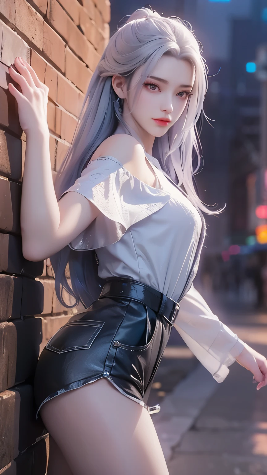 Best quality, masterpiece, ultra high resolution, (Reality:1.4), Original image, Aesthetics and atmosphere, Hidden Gun, Film Grain, Soft Focus, Bokeh, Night Shooting, masterpiece realistic volumetric light,,1 girl, Purple Eyes, White hair, curls, giggle, (freckle:0.8), thigh, Medium bust size, Upper body, (Shiny:1.3) Sequined long cns dress, Ray Traced Reflections, Desert Street, Footprints, City Lights, Sky, Leaning against the wall, From the side,8K Ultra HD，masterpiece,Best quality,Photo real，1 girl,Dynamic poses，（（ Black pajamas, Tight shorts））, , Big, bright eyes, Smooth skin, （permanent），Maximize pixel camera angle，