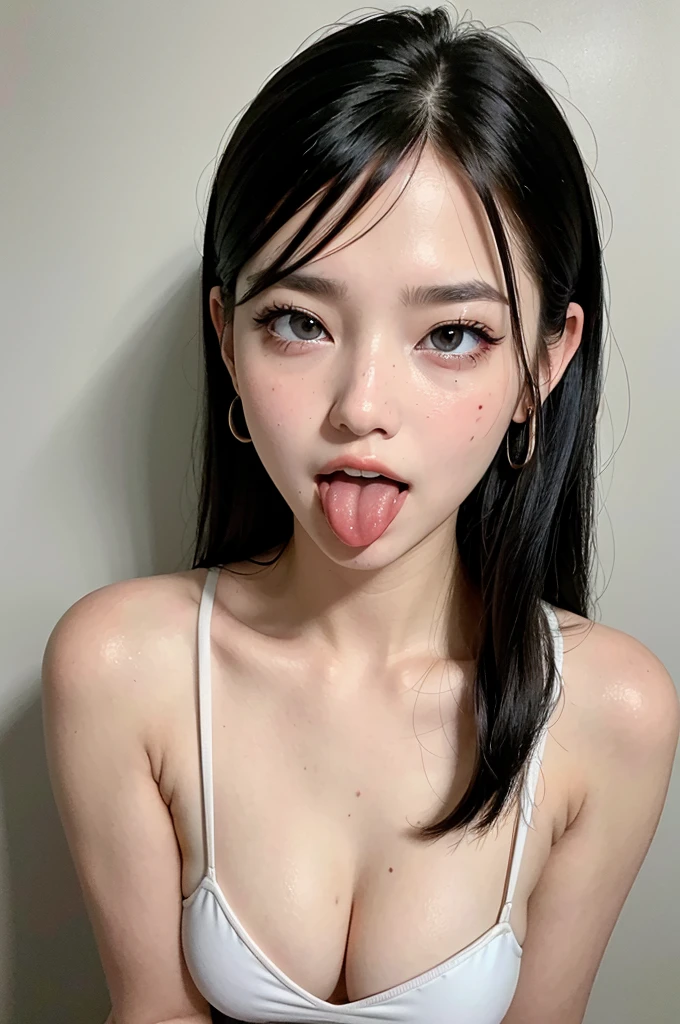 Emery Ratajkowski,Roll your eyes, stick out your tongue, long tongue, dribbling, Ahegao, retina, textured skin, Anatomically correct, Highly detailed, High quality, ((dark eyes,black eyes)),Very beautiful face and eyes, Big eyes, 1 female、Actual skin type,The pores are visible.,Maid cafe, completely naked, ((sperm))