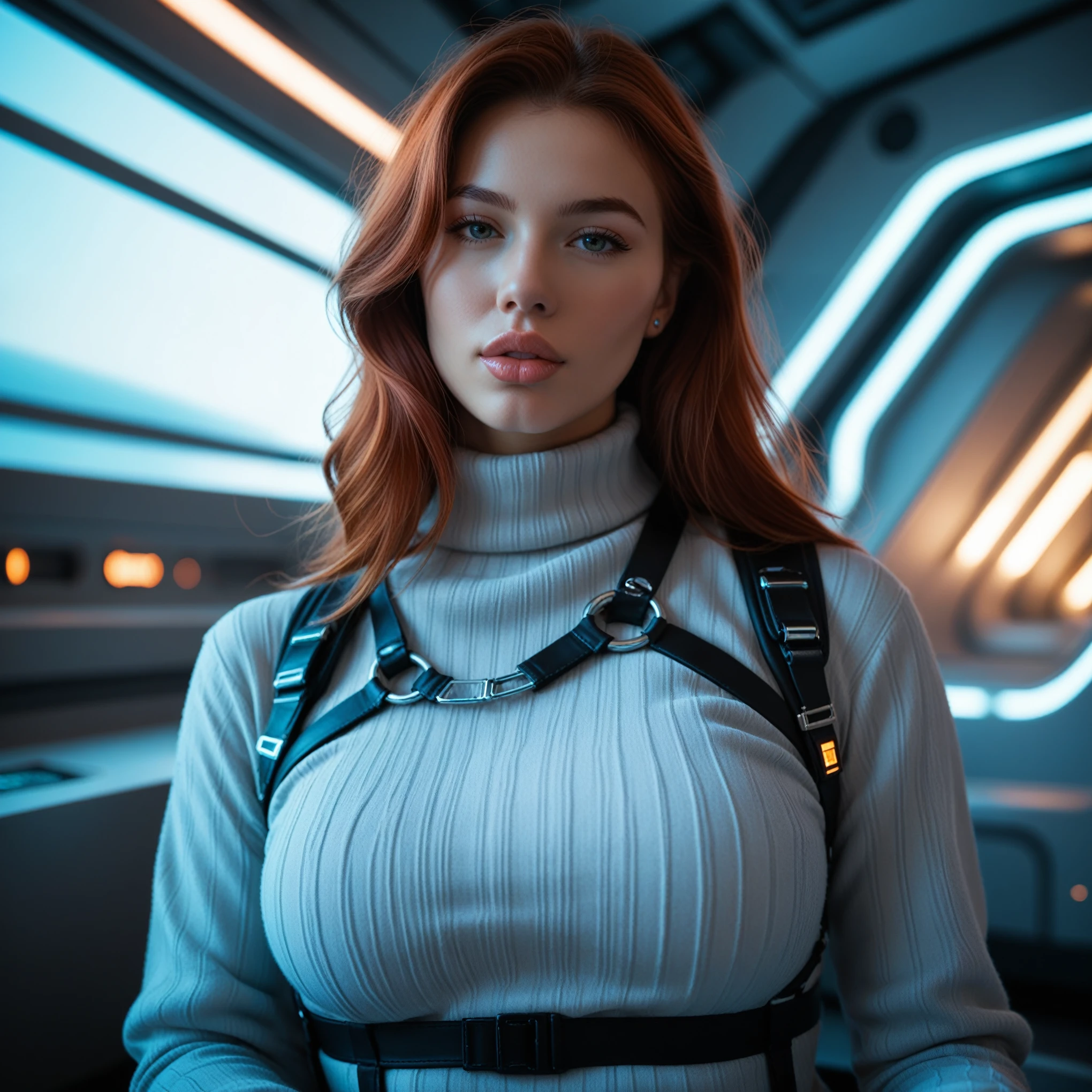 (NSFW:1.5)photo of a redhead woman, in the space, futuristic space bra, (parts:0.8) Beautiful face, Science fiction, dystopian, detailed eyes, Blue eyes