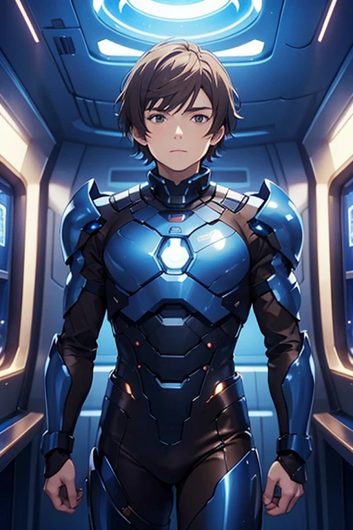 man, Young, beautiful, short brown hair, brown eyes, anime, wearing futuristic blue armor emits blue lights, background room inside a spaceship.