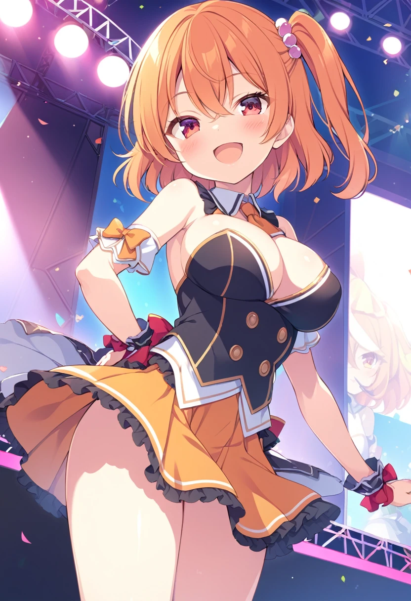 tomuramichiru, orange hair, one side up, hair bobbles, hair between eyes, short hair, red eyes,, large breasts, live stage, solo