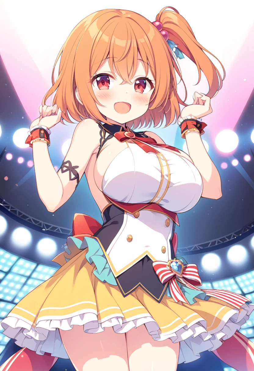 tomuramichiru, orange hair, one side up, hair bobbles, hair between eyes, short hair, red eyes,, large breasts, live stage, solo