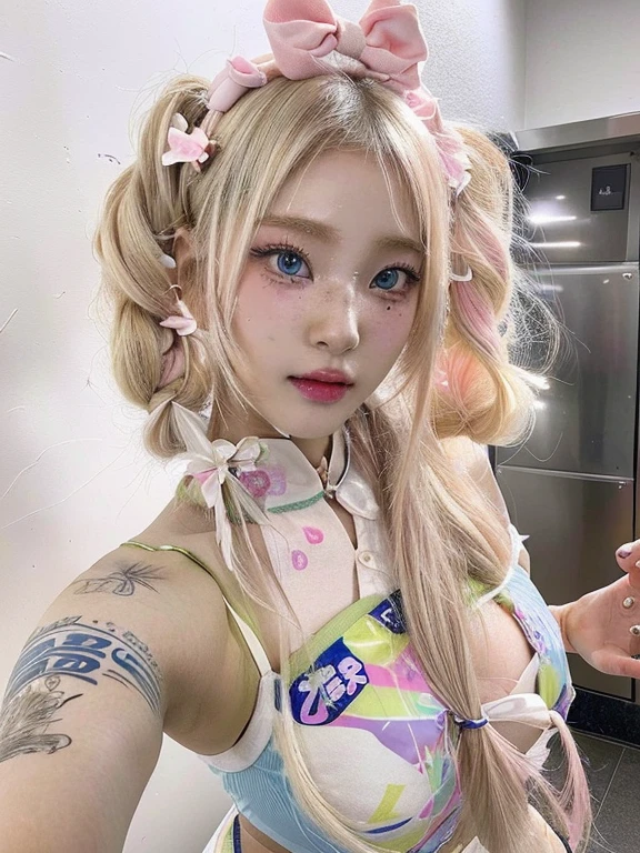 blond haired girl with tattoos and a pink bow on her head and blue like eyes, ahegao, yami kawaii, blond hair with pigtails, portrait of japanese gyaru, harajuku hair, belle delphine, y 2 k cutecore clowncore, fairycore, ahegao face, portrait of kim petras, rena nounen style 3/4skydoll noa, artdoll, pale milky white porcelain skin, dollfie dream, anime barbie doll, detailed body and eyes, ball jointed doll, 🤤 girl portrait, hyper realistic aesthetic, small freckles, hyper realistic teenager, barbie doll, freckles!!!, detailed face, realistic, Físico : el abdomen más pequeño jamás visto, jisoo from blackpink, popular south korean makeup, quality detailed ,(beautiful makeup :1.2), Wide hips, big, big ass, (best quality, 8K, masterpiece: 1.3), Clear focus: 1.2, Perfect body beauty: 1.4, strong abs, Very detailed face and skin texture. , detailed eyes, double eyelids, (long hair), having very marked curves, with greater volume in ((breasts))